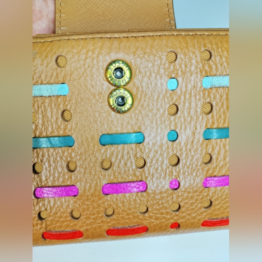 Fossil Emma Woven RFID Tab Clutch Brown Genuine Cowhide Leather Wallet - Picture 7 of 12